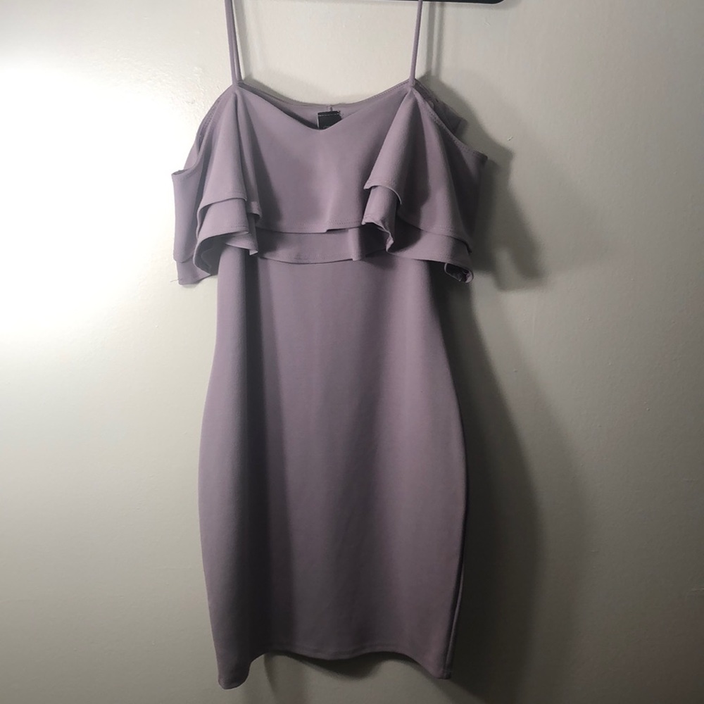 Mid thigh, off the shoulder dress